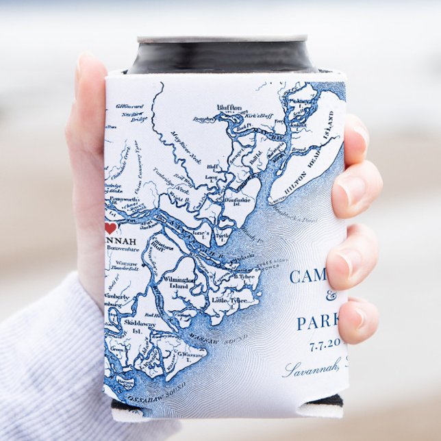 Elegant Savannah Georgia Map Navy Blue Wedding Dosenkühler (Elegant Savannah Georgia Map can coozie classic navy blue wedding favor from Coastal Map Designs)