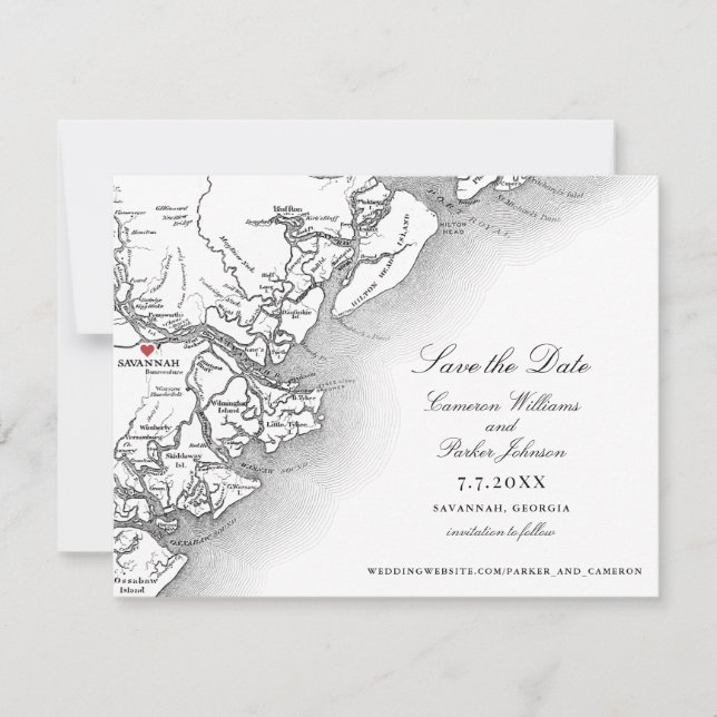 Elegant Savannah Georgia Wedding Schwarz-weiß Map Save The Date (Vorderseite)