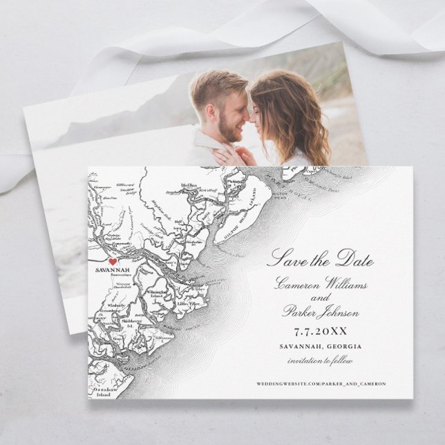 Elegant Savannah Georgia Wedding Schwarz-weiß Map Save The Date (Elegant Savannah Georgia Map Save the Dates with classic black and white typography and photo )