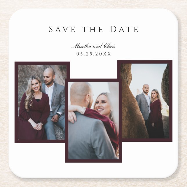 Elegant Save the Date 3 Foto Collage Red Chic Rechteckiger Pappuntersetzer (Vorderseite)