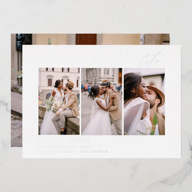 Elegant Save the Date 4 Foto Minimalistisch Silber Folieneinladung (Vorderseite/Rückseite)