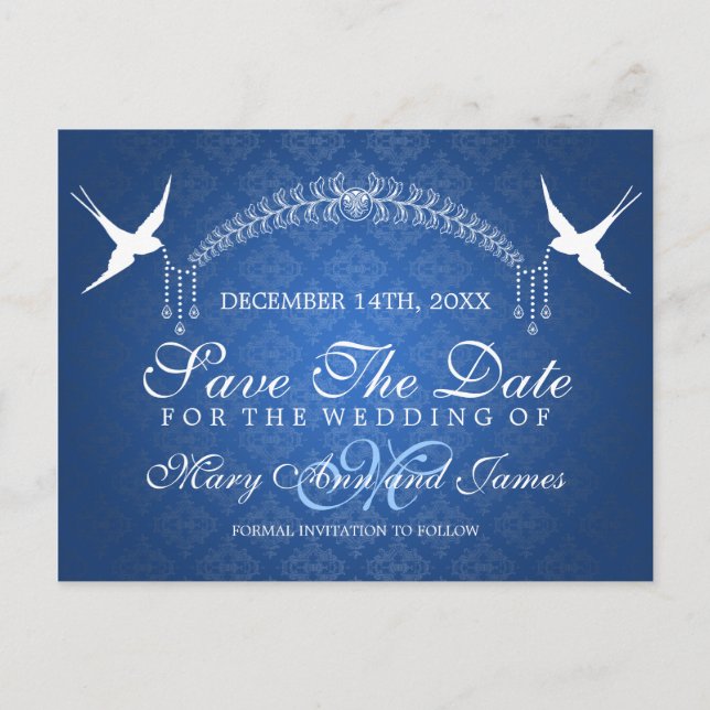 Elegant Save the Date Birds Monogram Blue Ankündigungspostkarte (Vorderseite)