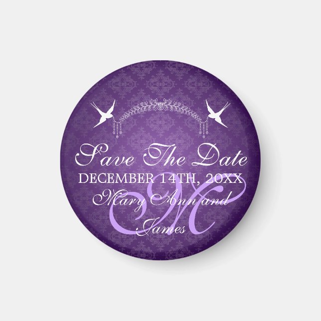 Elegant Save the Date Birds Monogram Lila Magnet (Vorne)