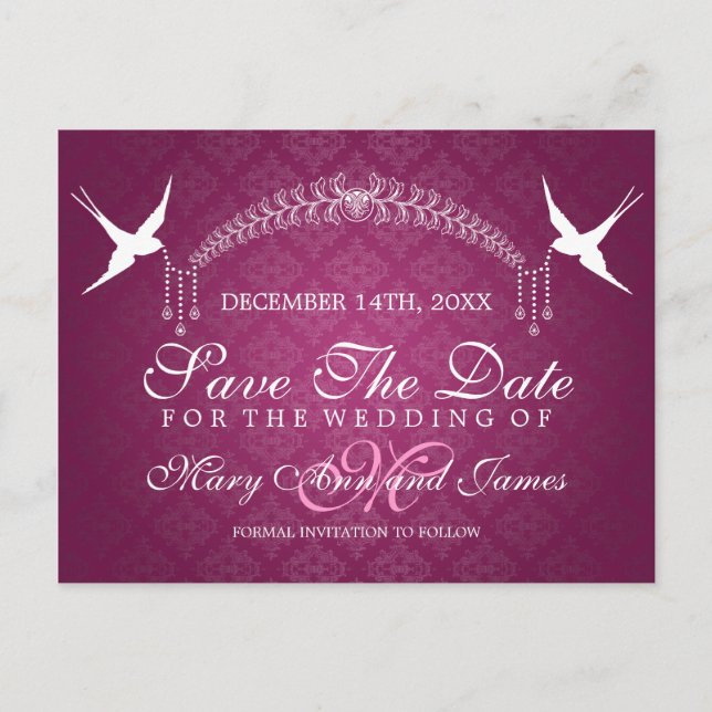 Elegant Save the Date Birds Monogram Pink Postkarte (Vorderseite)