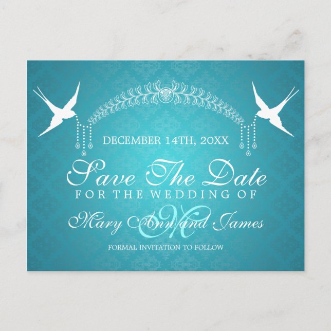 Elegant Save the Date Birds Monogram Türkis Ankündigungspostkarte (Vorderseite)