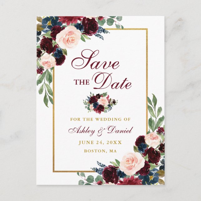 Elegant Save the Date Burgundy Blue Floral Gold Ankündigungspostkarte (Vorderseite)
