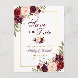 Elegant Save the Date Burgundy Floral Gold Ankündigungspostkarte