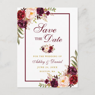 Elegant Save the Date Burgundy Floral Gold Ankündigungspostkarte