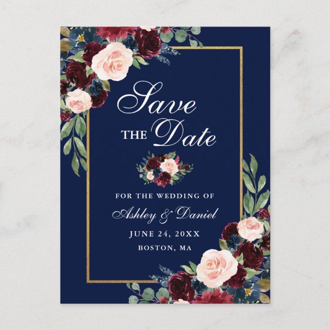 Elegant Save the Date Burgundy Floral Gold Blue Ankündigungspostkarte (Vorderseite)