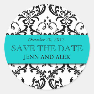 Elegant Save the Date Damask Stickers Aqua Blue