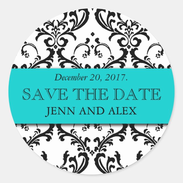 Elegant Save the Date Damask Stickers Aqua Blue (Vorderseite)