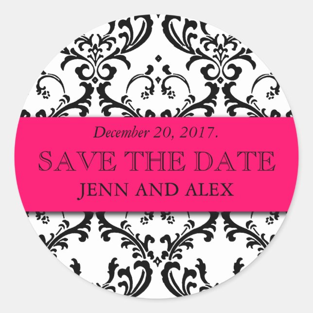 Elegant Save the Date Damask Stickers Hot Pink (Vorderseite)