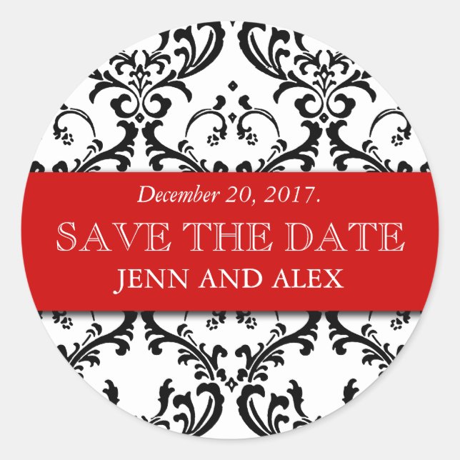 Elegant Save the Date Damask Stickers Red (Vorderseite)