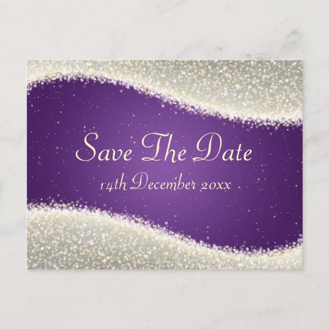 Elegant Save the Date Dazzling Glitzern Lila Ankündigungspostkarte (Vorderseite)