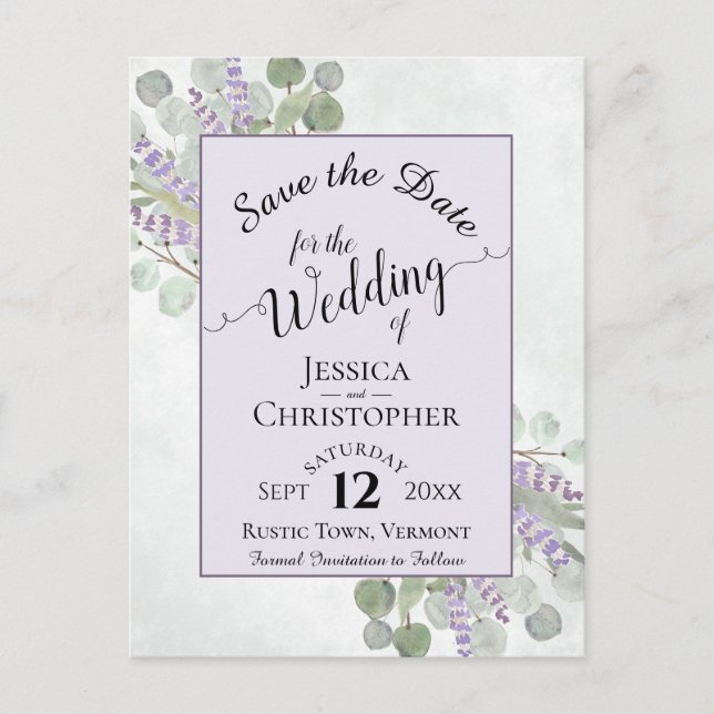 Elegant Save the Date Eucalyptus & Lavender Lila Ankündigungspostkarte (Vorderseite)