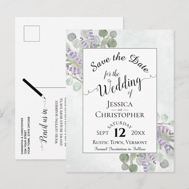 Elegant Save the Date Eucalyptus & Lavender White Ankündigungspostkarte (Vorne/Hinten)