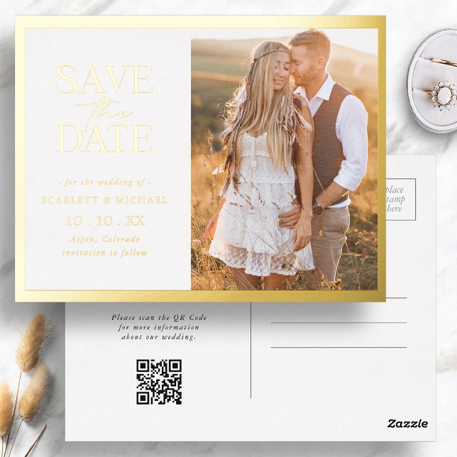 Elegant Save the Date Folie Einladungspostkarte (Elegant Gold Border Photo Save The Date Foil Invitation Postcard QR Code by Painted Paperie
)