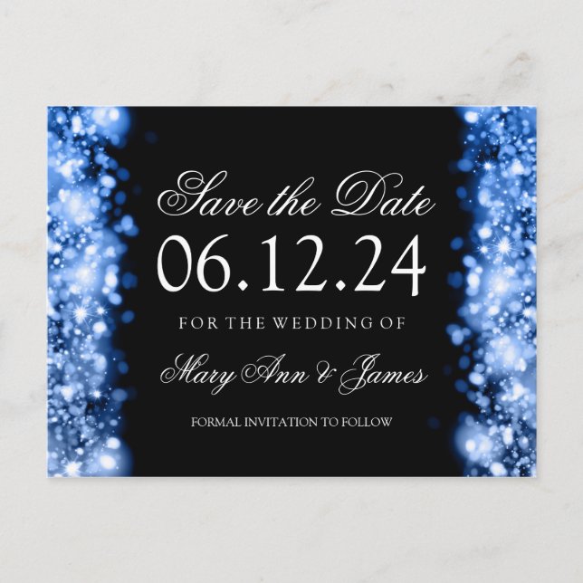 Elegant Save the Date funkelnd Lights Saphire Ankündigungspostkarte (Vorderseite)