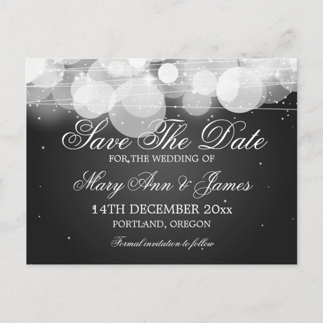 Elegant Save the Date Glow & Sparkle Black Ankündigungspostkarte (Vorderseite)
