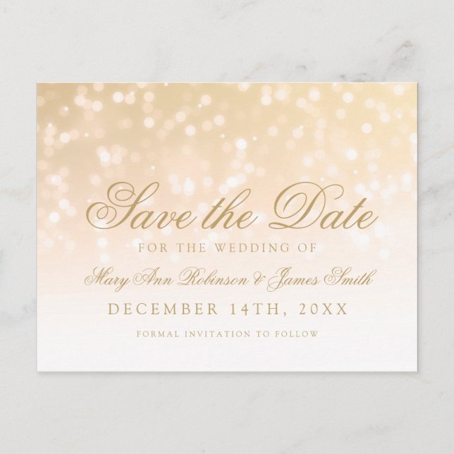 Elegant Save the Date Gold Bokeh Sparkle Lights Ankündigungspostkarte (Vorderseite)