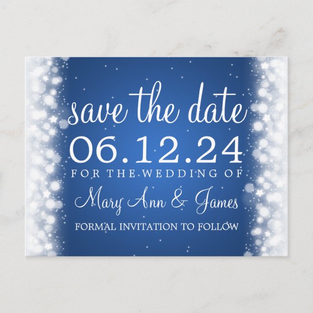 Elegant Save the Date Magic Sparkle Blue Ankündigungspostkarte (Vorderseite)