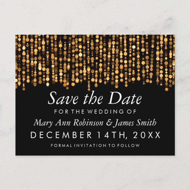 Elegant Save the Date Moderne Goldlichter Ankündigungspostkarte (Vorderseite)