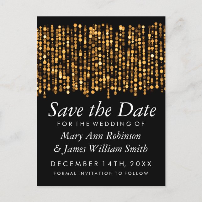 Elegant Save the Date Moderne Goldlichter Ankündigungspostkarte (Vorderseite)