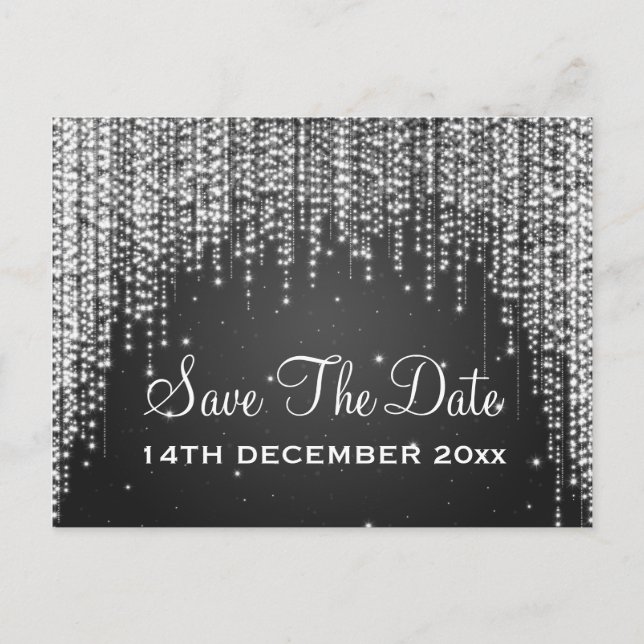 Elegant Save the Date Nachts Dazzle Black Ankündigungspostkarte (Vorderseite)