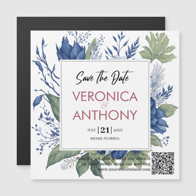 Elegant Save the Date QR Code Blumenhochzeit Magneteinladung (Vorne/Hinten)