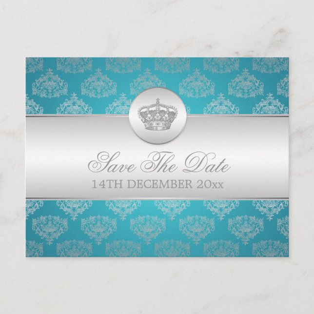 Elegant Save the Date Royal Crown Blue Ankündigungspostkarte (Vorderseite)