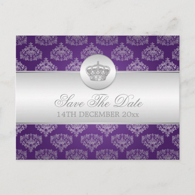 Elegant Save the Date Royal Crown Lila Ankündigungspostkarte (Vorderseite)