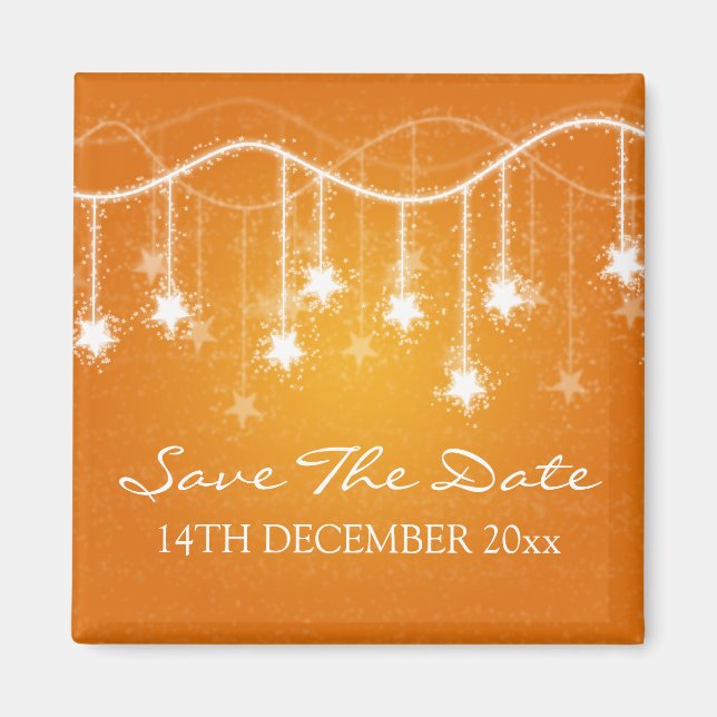 Elegant Save the Date schimmernd Sterne Orange Magnet (Vorne)