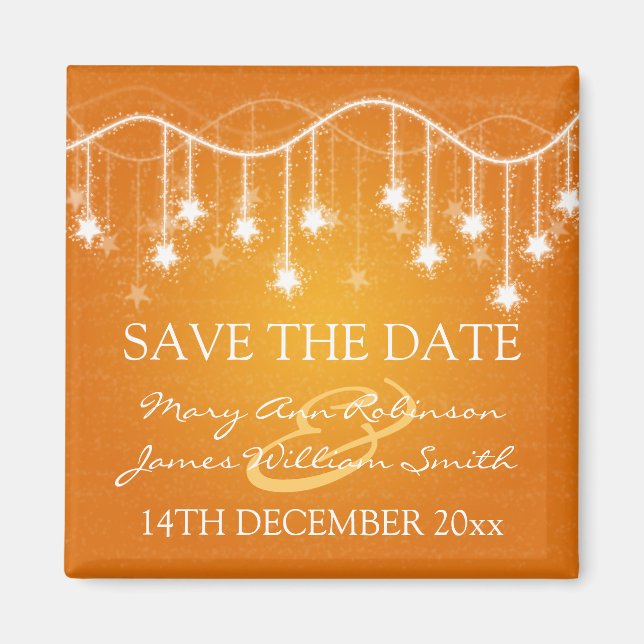 Elegant Save the Date schimmernd Sterne Orange Magnet (Vorne)