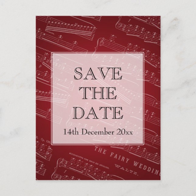 Elegant Save the Date Sheet Music Red Ankündigungspostkarte (Vorderseite)