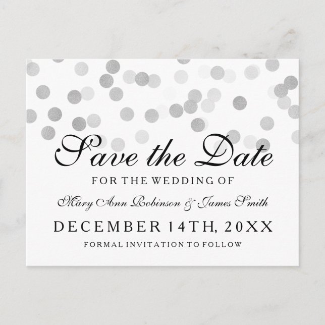 Elegant Save the Date Silver Foil Glitzer Lights Ankündigungspostkarte (Vorderseite)