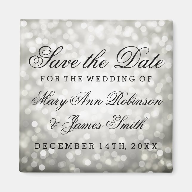 Elegant Save the Date Silver Glitzer Lights Magnet (Vorne)