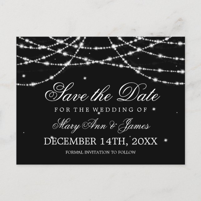 Elegant Save the Date Sparkling String Black Ankündigungspostkarte (Vorderseite)