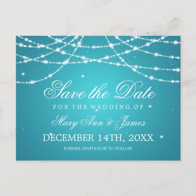 Elegant Save the Date Sparkling String Türkise Ankündigungspostkarte (Vorderseite)