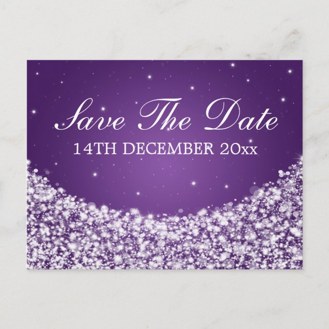 Elegant Save the Date Star Sparkle Lila Ankündigungspostkarte (Vorderseite)
