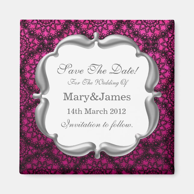Elegant Save the Date Wedding Mod Lace Pink Magnet (Vorne)
