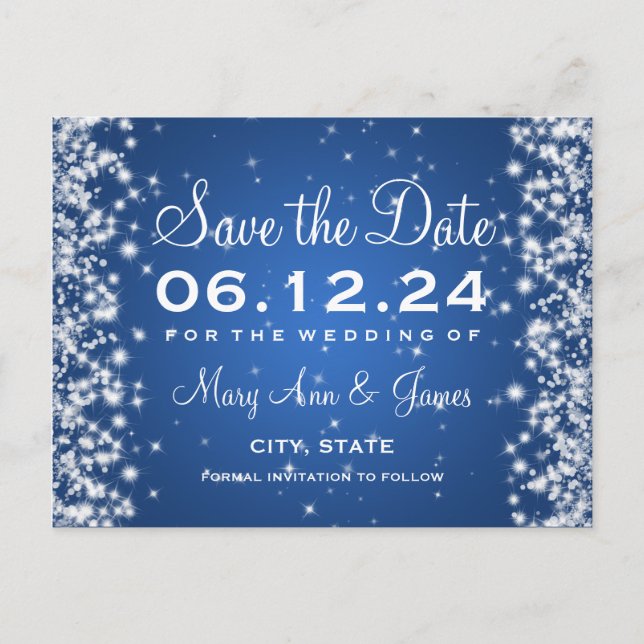Elegant Save the Date Winter Sparkle Blue Ankündigungspostkarte (Vorderseite)