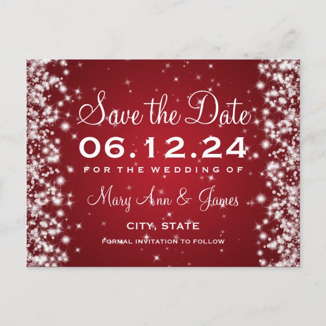 Elegant Save the Date Winter Sparkle Red Ankündigungspostkarte (Vorderseite)