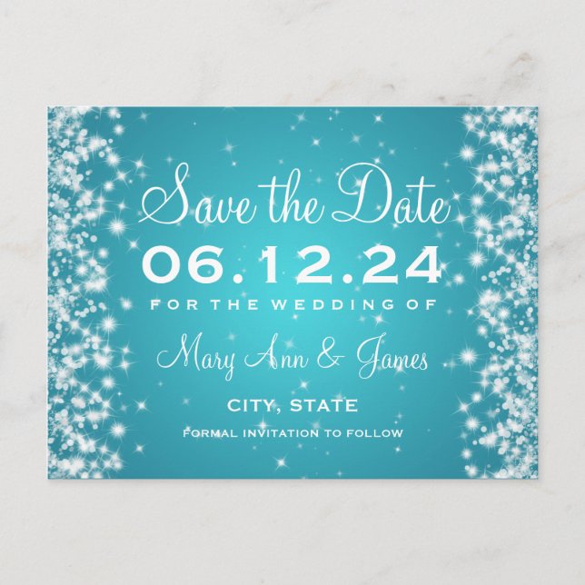 Elegant Save the Date Winter Sparkle Türkis Ankündigungspostkarte (Vorderseite)