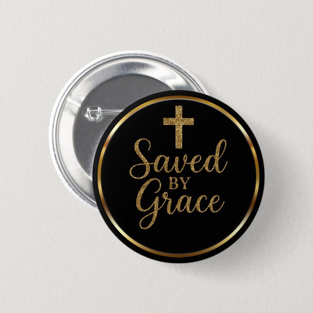 Elegant Saved By Grace Black & Gold Christian Button (Vorne & Hinten)