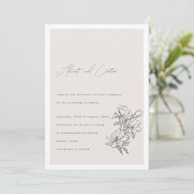 Elegant schlicht mit Line Art Blume & Border Invi Einladung (Stehend Vorderseite)