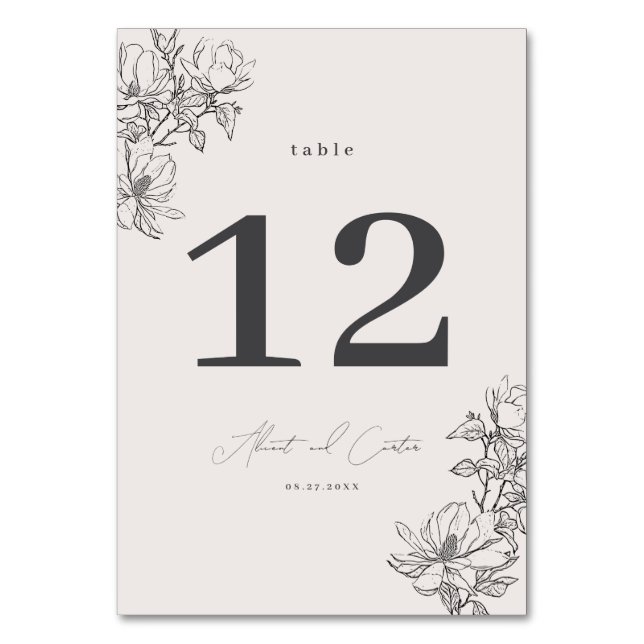 Elegant schlicht mit Line Art Blume & Border Tischnummer (Rückseite)