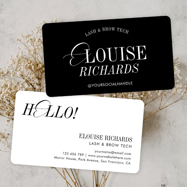 Elegant schlicht Schwarz & Weiß Nostalgische Frisu Visitenkarte (Minimalist black & white business cards with stylish script fonts)