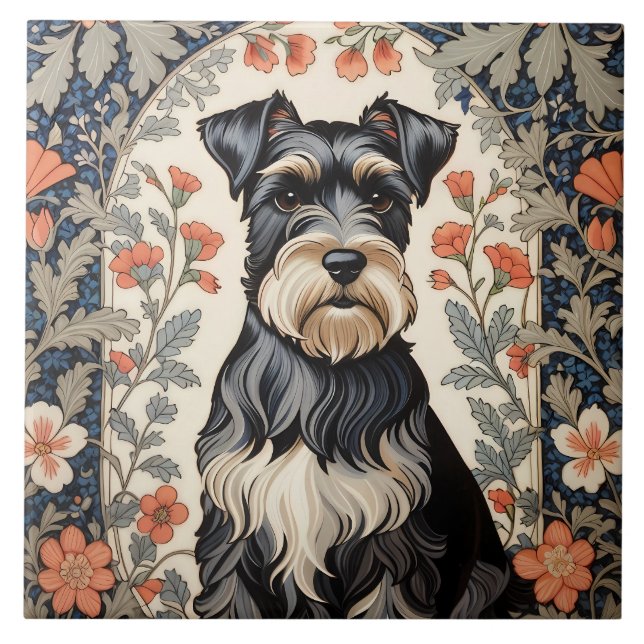 Elegant Schnauzer William Morris Inspired Floral Fliese (Vorderseite)