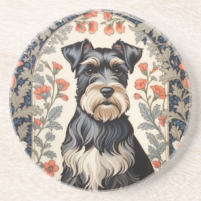 Elegant Schnauzer William Morris Inspired Floral Getränkeuntersetzer (Vorne)