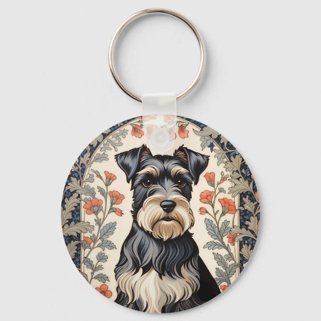 Elegant Schnauzer William Morris Inspired Floral Schlüsselanhänger (Vorderseite)